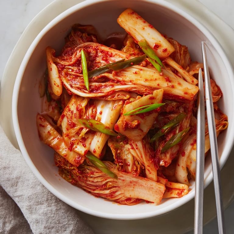 Spicy fermented Kimchi in jars, promising delicious probiotic-rich crunchiness.