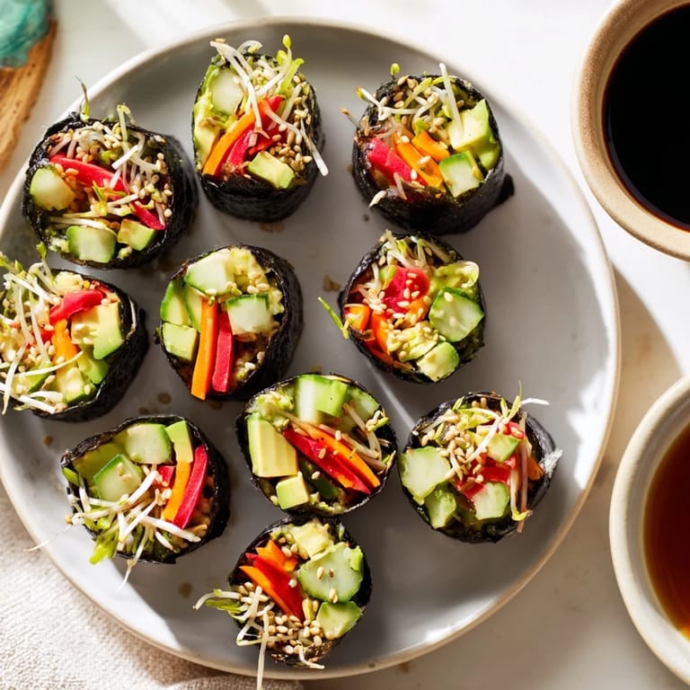 Fresh nori rolls filled with julienned carrots, red bell pepper, and mixed sprouts, served with soy sauce.