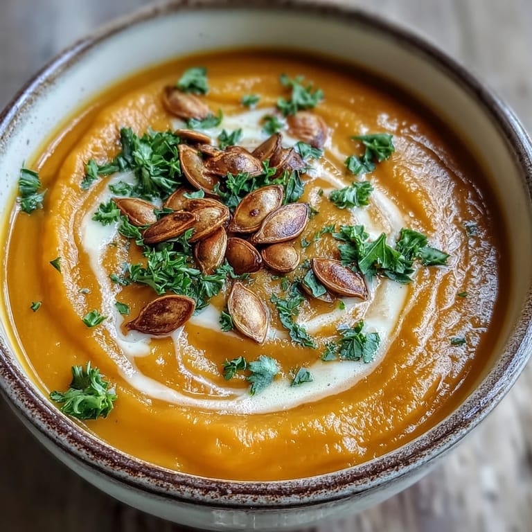 Creamy Pumpkin Soup with a warm drizzle of cream and a side of crusty artisan bread.