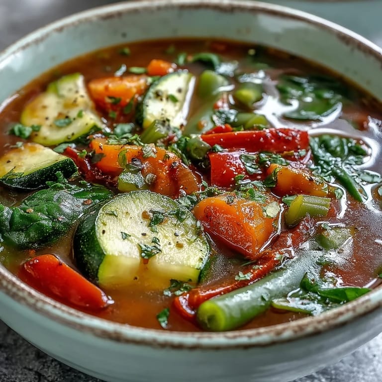 A close-up of vibrant Italian Herb Vegetable Soup with colorful vegetables and a bay leaf.