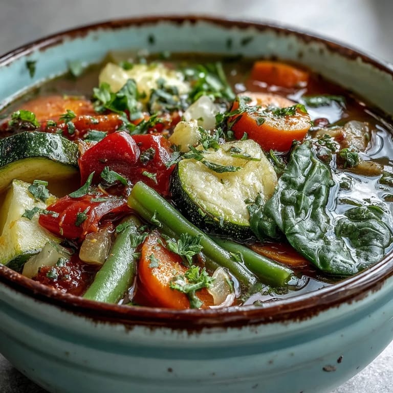 Serving Italian Herb Vegetable Soup with crusty bread, topped with fresh parsley and black pepper.