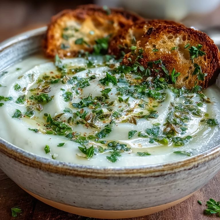 A bowl of garlic and herb soup topped with chopped chives and a slice of toasted bread.