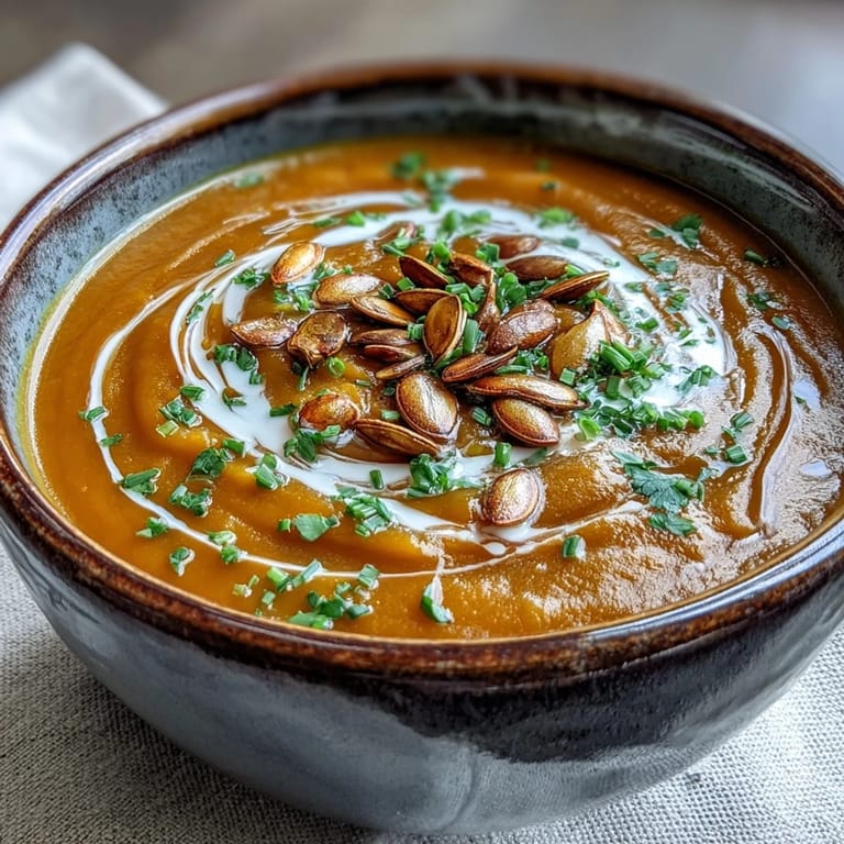 Silky smooth Acorn Squash Soup served warm, topped with a swirl of cream and a sprinkle of black pepper.