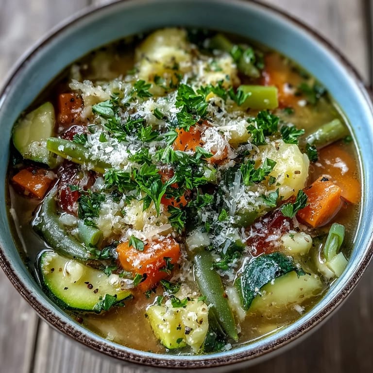 Steaming Parmesan Veggie Soup served in a cozy bowl with a spoon and fresh herbs.