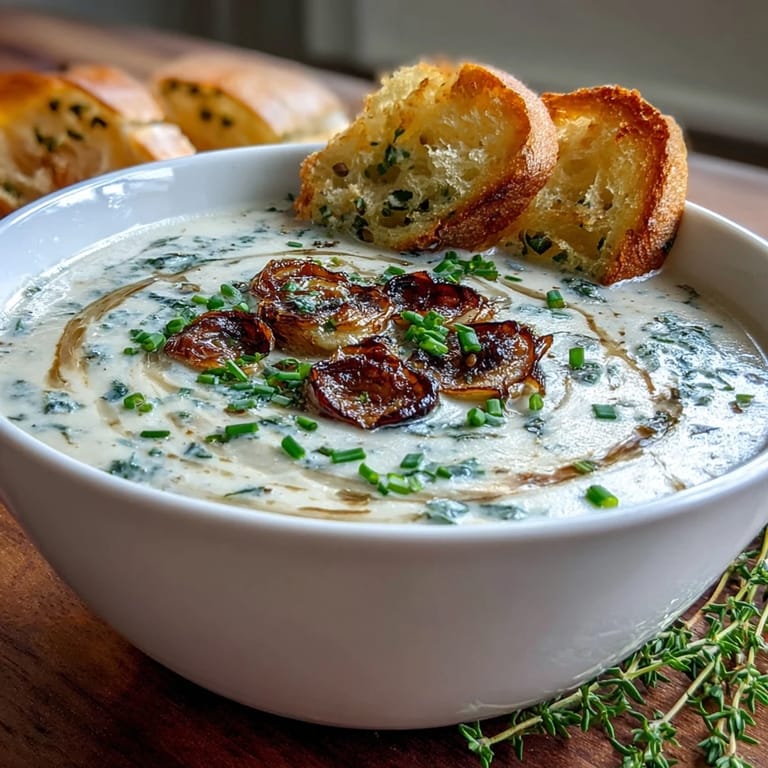 Thick, velvety Roasted Garlic and Herb Soup beside a slice of crusty bread for dipping.