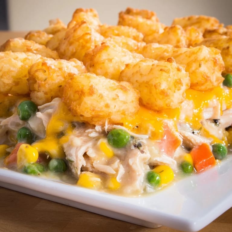 Steaming-hot tater tot chicken pot pie, a family-favorite comfort food, ready to serve and enjoy.