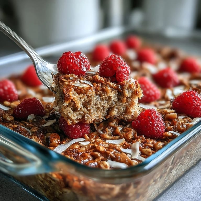 Vegan baked oatmeal with raspberry and coconut served warm from the oven, ready to share.
