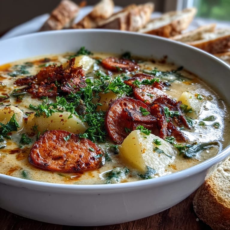 Rustic pot of Potato, Leek and Chorizo Soup featuring tender potatoes, leeks, and smoky chorizo, ready to be served.