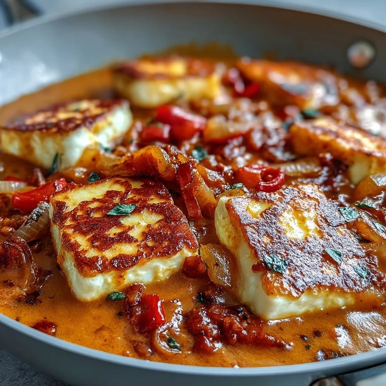 Close-up of Halloumi and Tomato Curry in a white bowl, showing the rich, silky sauce and herbs.
