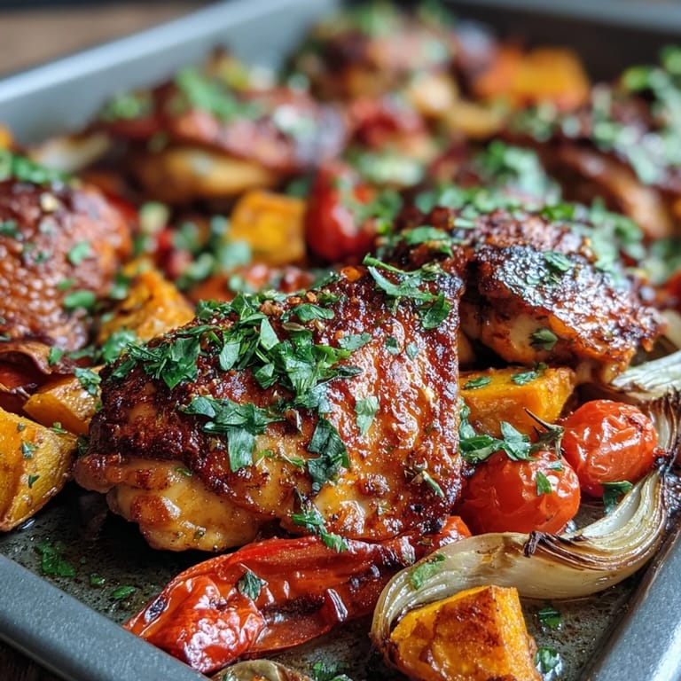 Bright, finished Chicken and Sweet Potato Traybake served with lemon wedges on a rustic platter for four.
