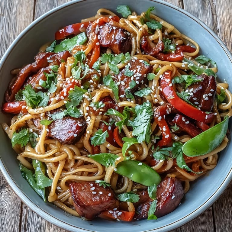 Overhead view of a wok showing a colorful Pork Noodle Stir-Fry with julienned carrots, snap peas, and egg noodles tossed in a rich, dark sauce.