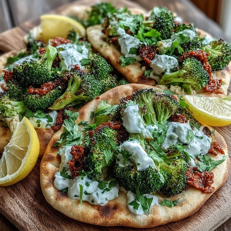 One-pan spicy roasted harissa broccoli served on toasted flatbreads with a squeeze of lemon, cilantro, and yogurt for a flavorful vegetarian main dish.