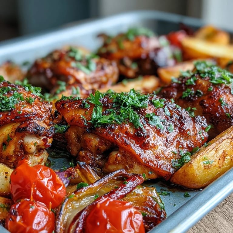 Juicy bone-in chicken thighs nestled among colorful roasted bell peppers and sweet potatoes in a one-pan meal.
