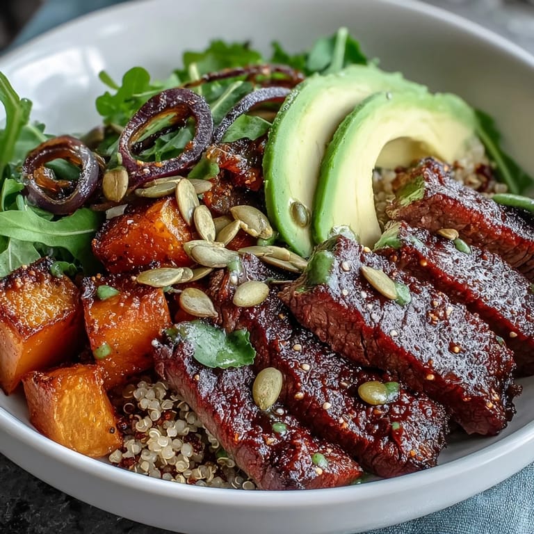 A close-up of butternut squash steak bowls shows tender squash, sliced steak, and greens drizzled with lime dressing.