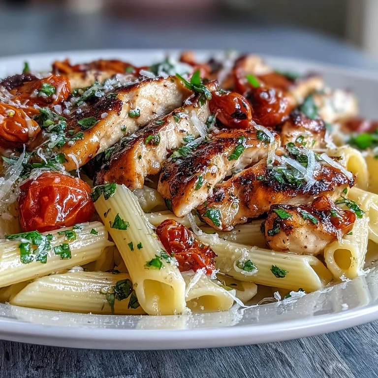 Sliced juicy chicken and vibrant halved cherry tomatoes mingle with penne pasta, bathed in a bright balsamic glaze. A close-up of Bruschetta Chicken Pasta highlights fresh basil ribbons and melting mozzarella.