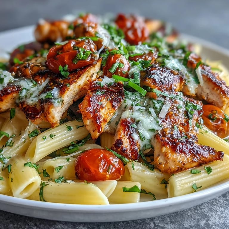 A rustic skillet of Bruschetta Chicken Pasta features tender chicken and pasta tossed with softened cherry tomatoes and fresh herbs. A wooden serving spoon dips into the cheesy, saucy Italian-American dinner, ready to serve.