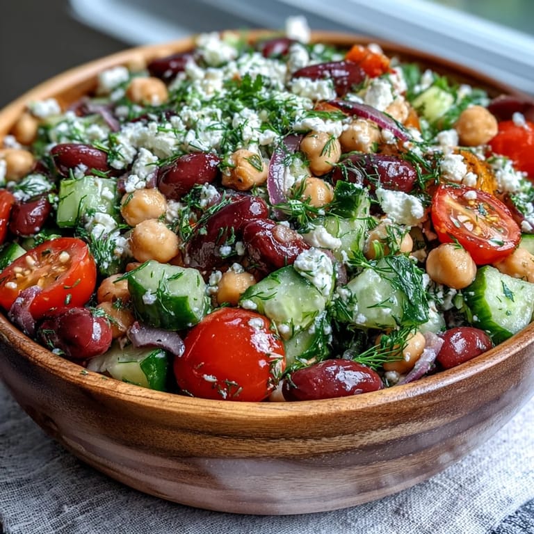 A vibrant bowl of Greek Bean Salad with lemon-marinated chickpeas and kidney beans, topped with briny Kalamata olives. Crisp cucumber chunks and juicy red tomatoes add texture, while creamy feta cheese provides a salty finish to this healthy side.