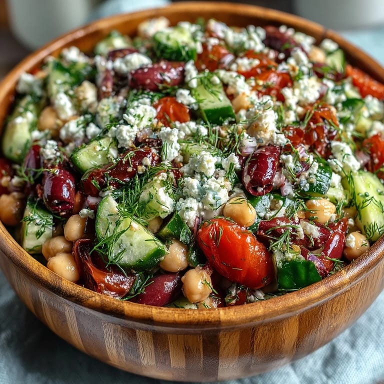 Close-up photo of a fresh Greek Bean Salad featuring beans marinated in olive oil and lemon. Colorful cherry tomatoes and red onion slices are tossed with herbs, ready to serve as a gluten-free vegetarian dinner or potluck dish.