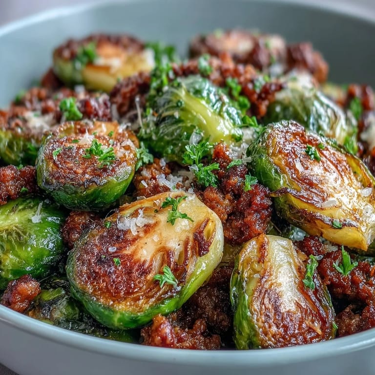 Golden-brown Brussels sprouts and savory ground turkey sizzle together in a skillet, garnished with fresh parsley.