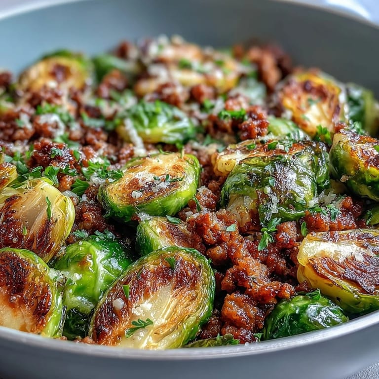 A hearty one-pan dinner of Brussels Sprouts & Ground Turkey Skillet, brightened with lemon and Parmesan.