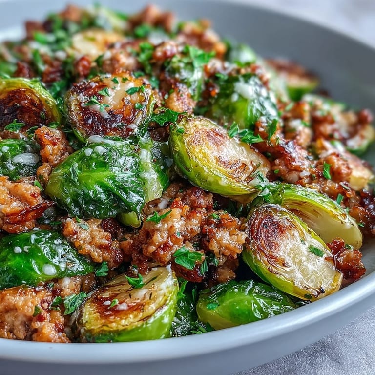 Garlic-infused Brussels sprouts and ground turkey in a skillet, served steaming hot for an easy weeknight meal.