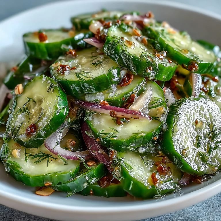 A chilled bowl of fresh Crunchy Cucumber Salad with dill, cherry tomatoes, and sesame seeds, perfect for a light lunch.