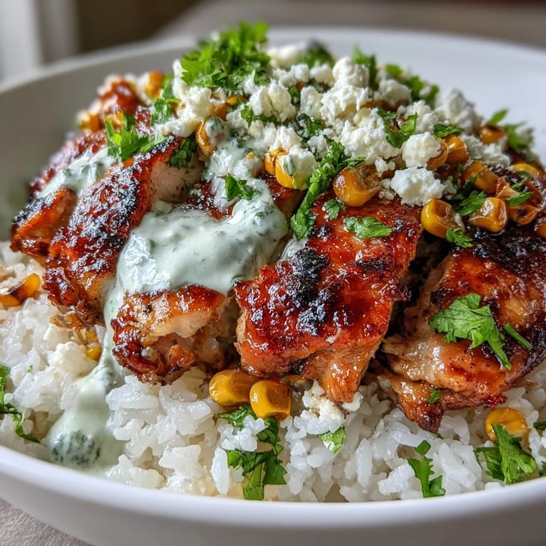 A vibrant Street Corn Chicken and Rice Bowls bowl with charred corn, cilantro, lime wedges, and creamy drizzle, served alongside tender chicken on fluffy rice.