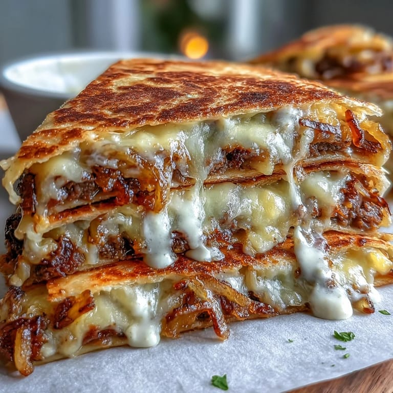 A close-up of golden-brown Cheesy Griddled Smashburger Quesadillas served with fresh cilantro and tangy pickles.