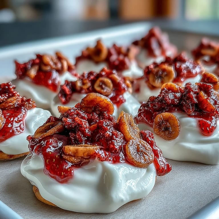 A close-up of Strawberry & Banana Yoghurt Clusters featuring crisp freeze-dried strawberries and banana chips.