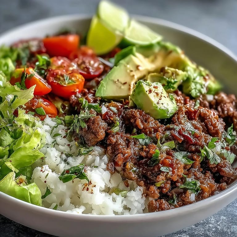 A Low Carb Burrito Bowl topped with cheddar, sour cream, cilantro, and fresh lime wedges.