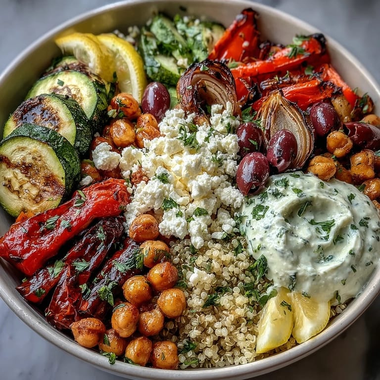 A finished Mediterranean Buddha Bowl topped with feta, olives, Greek yogurt, and fresh parsley with a lemon wedge.