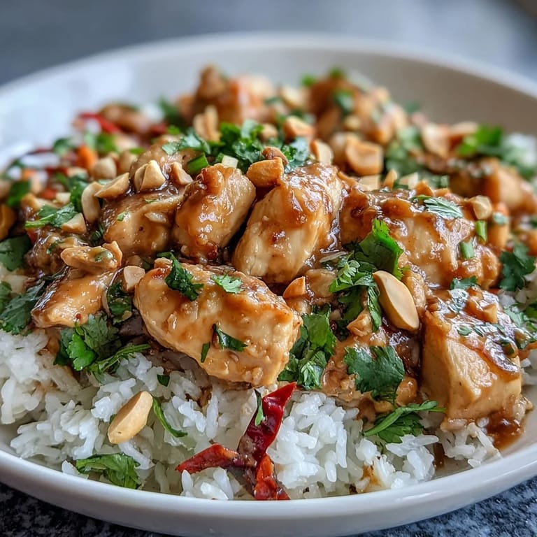 Sautéed chicken pieces rest on fluffy coconut rice in a colorful bowl, drizzled with creamy Thai-inspired peanut sauce and garnished with shredded carrots.