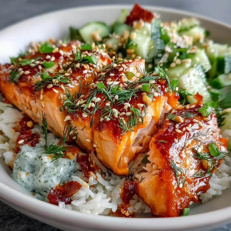 A close-up reveals tender salmon and colorful toppings in this Bang Bang Salmon Bowl, with a drizzle of rich, spicy sauce.