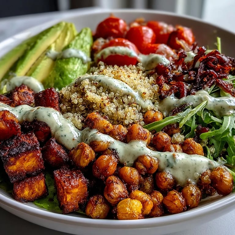 Colorful gluten-free Buddha Bowl featuring crunchy chickpeas, purple cabbage, and a rich garlic tahini sauce over warm quinoa.