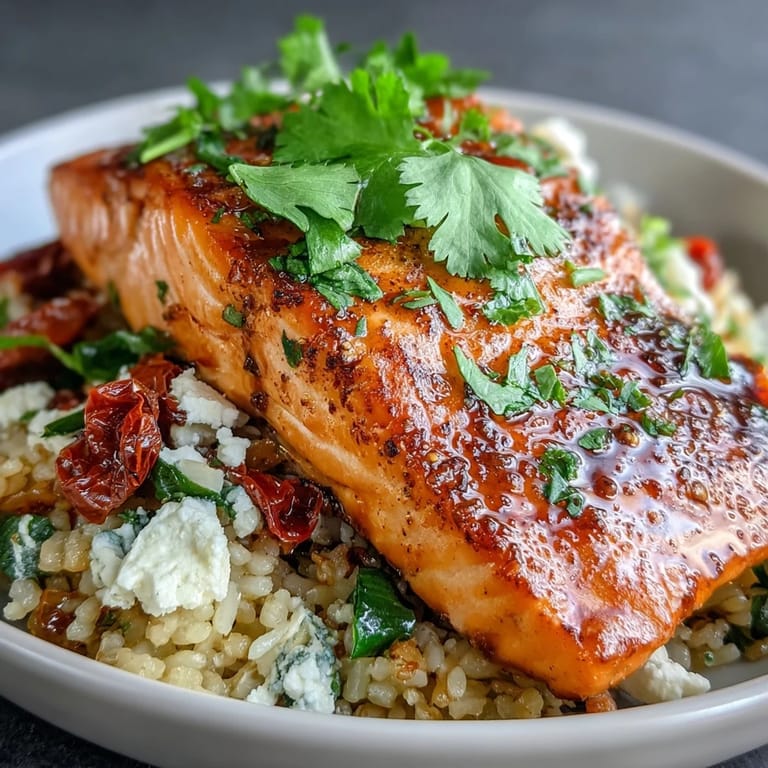 Savory Mediterranean Salmon Bowl features skin-on salmon, crunchy rice, bell peppers, and tangy sun-dried tomatoes, finished with a squeeze of fresh lemon.