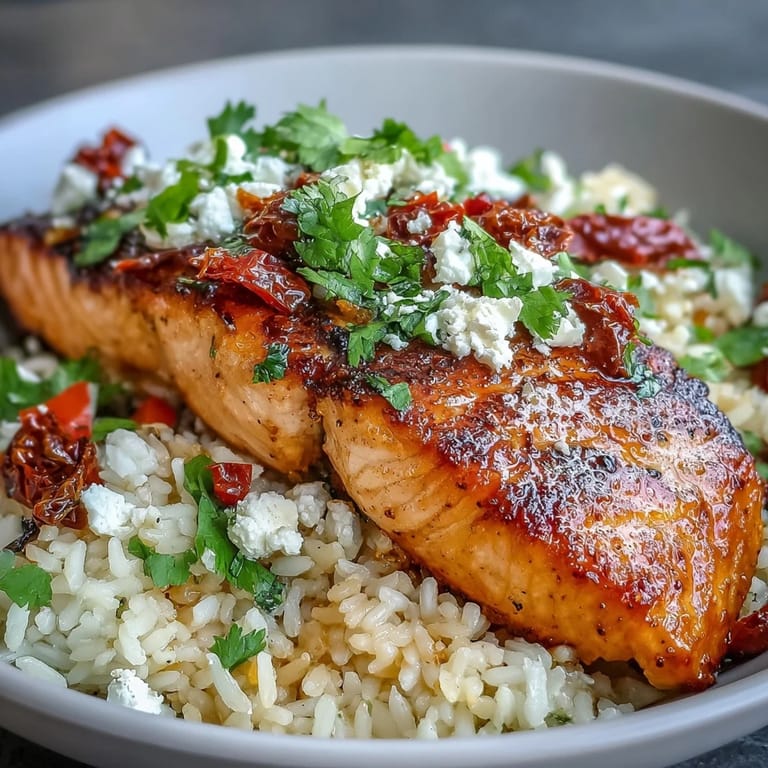 Flaky pan-seared Mediterranean Salmon Bowl served over crispy rice, topped with creamy feta, colorful vegetables, and fresh herbs on a white plate.