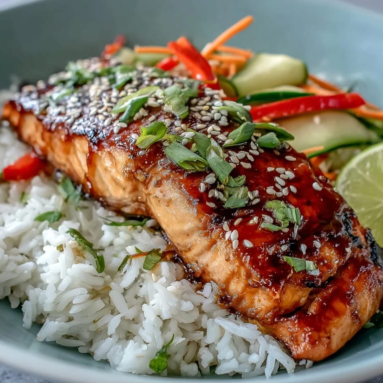Healthy Asian-Inspired Salmon Bowl served with lime wedges, sticky rice, and vibrant crisp vegetables.