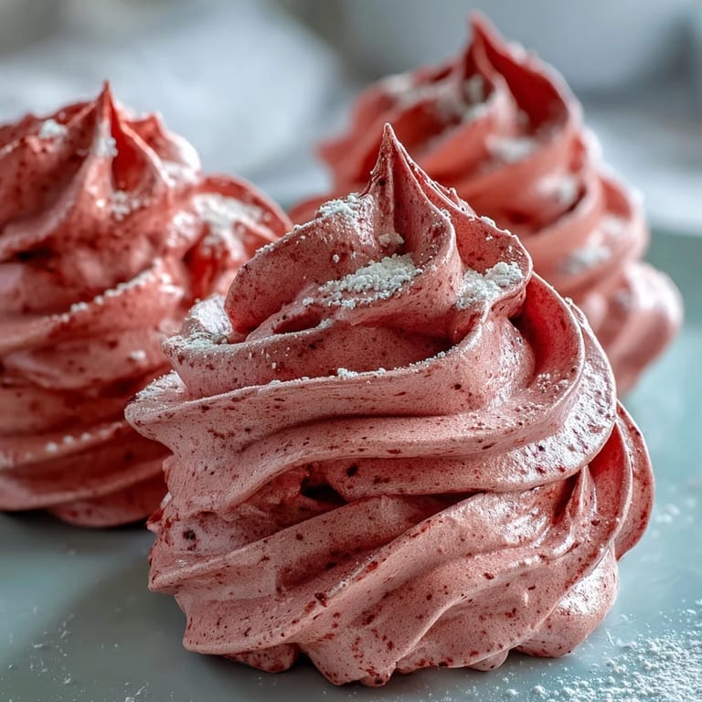 A close-up view of delicate Black Currant Meringues reveals a beautiful marbled interior and a light, airy texture on a white plate.