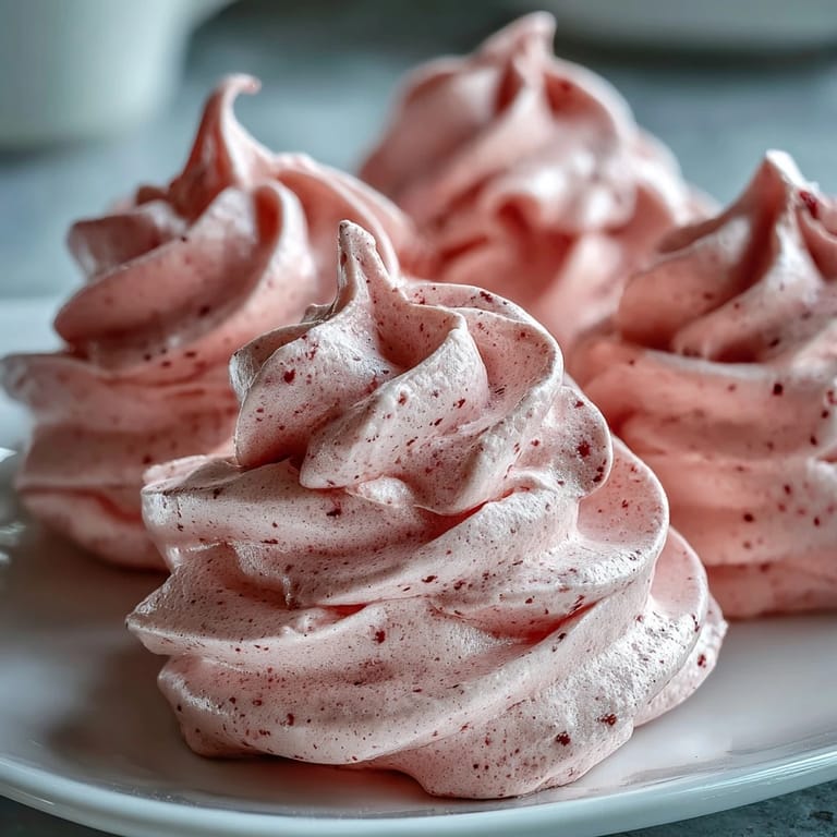 Served on a rustic wooden table, these sweet Black Currant Meringues are garnished with fresh berries and a dusting of powdered sugar.