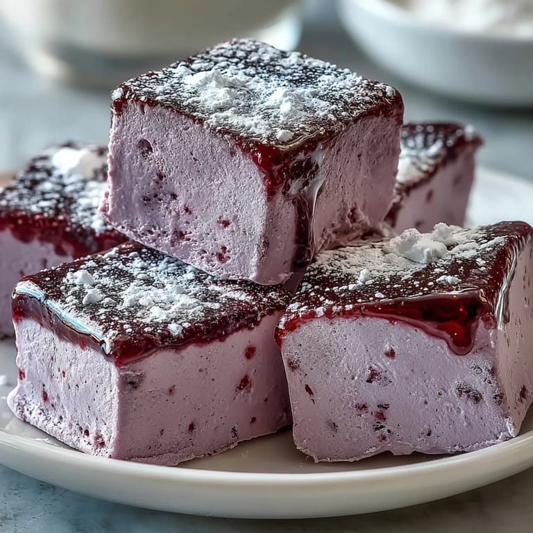 Homemade Black Currant Marshmallows being cut into squares on a board coated with sugar and cornstarch.
