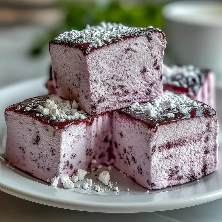 A tall glass mug filled with hot cocoa topped with one of the tart Black Currant Marshmallows.