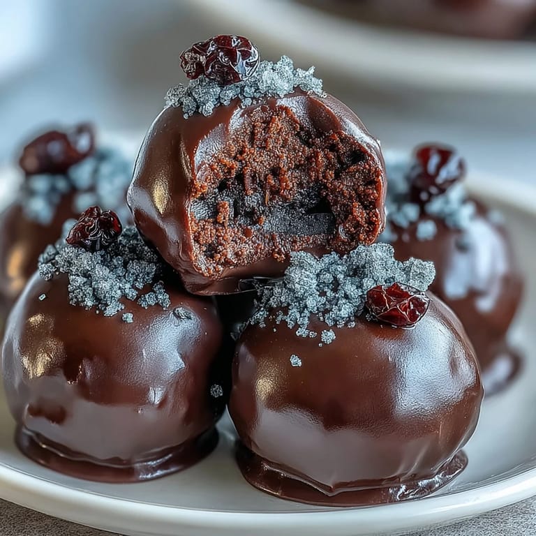 Hand-rolled Black Currant Chocolate Truffles featuring a glossy dark chocolate shell and garnished with crunchy freeze-dried currants.