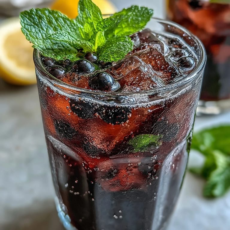 Vibrant purple Black Currant It Berry Celebration Drink served over ice with lemon slices and berries.