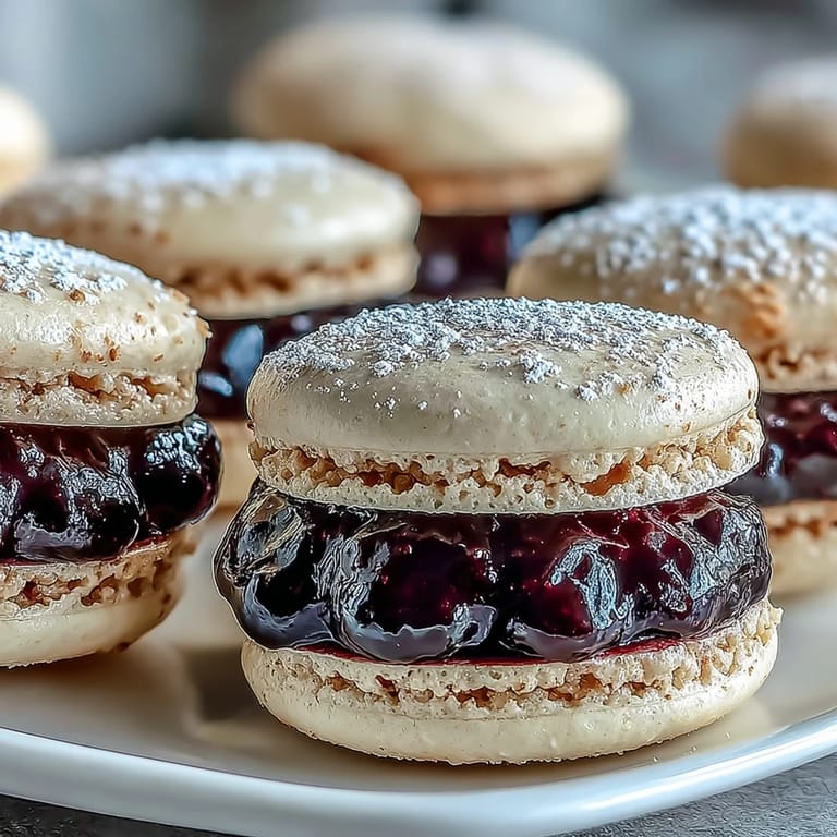 A close-up shows Black Currant Macarons with cracked shells and a rich, vibrant purple ganache center.