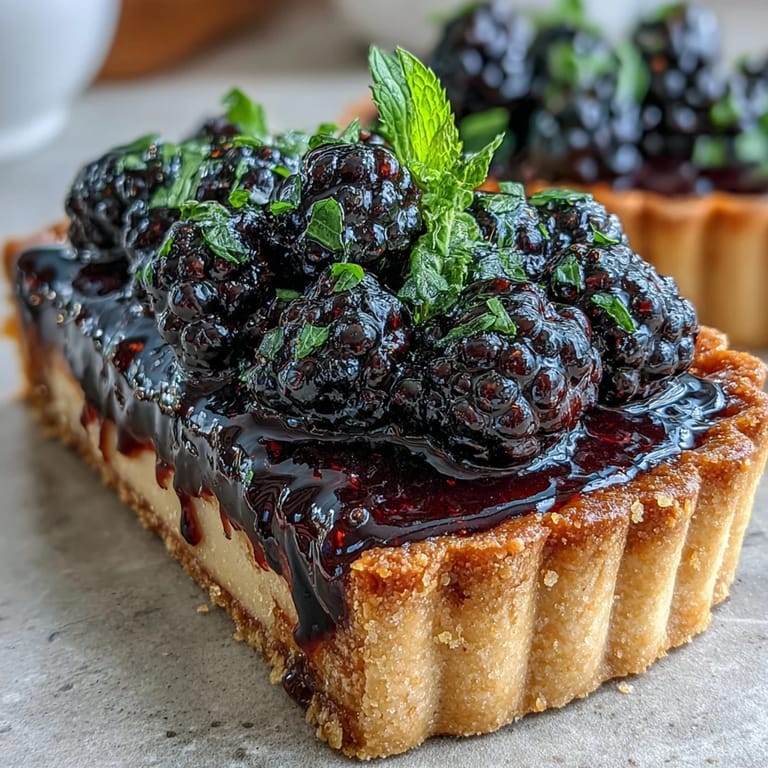 Slices of Black Currant Fruit Tart reveal the rich purple curd filling and buttery pastry on a rustic wooden table.