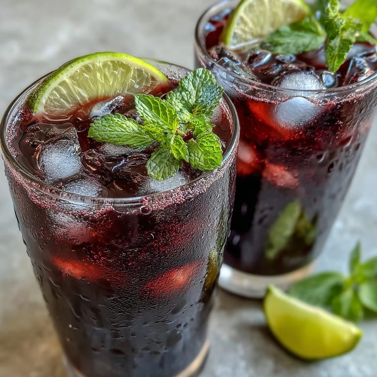 Chilled Black Currant Mocktail garnished with lime wheels and mint, showcasing a vibrant purple hue and bubbly sparkling water texture.