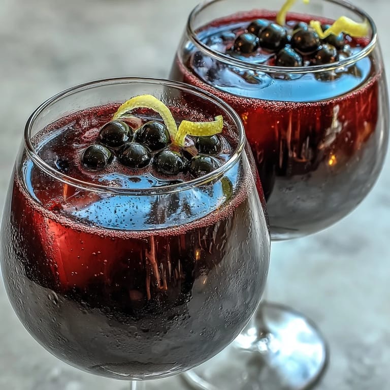 A top-down view of a single serving of Black Currant and Cassis Cocktail, garnished with plump fresh blackcurrants and placed on a marble counter.