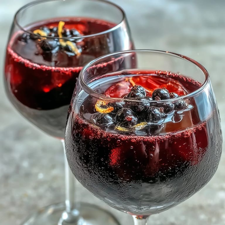 A close-up of the deep ruby Black Currant and Cassis Cocktail being poured, capturing the sweet-tart liquid against a blurred background.