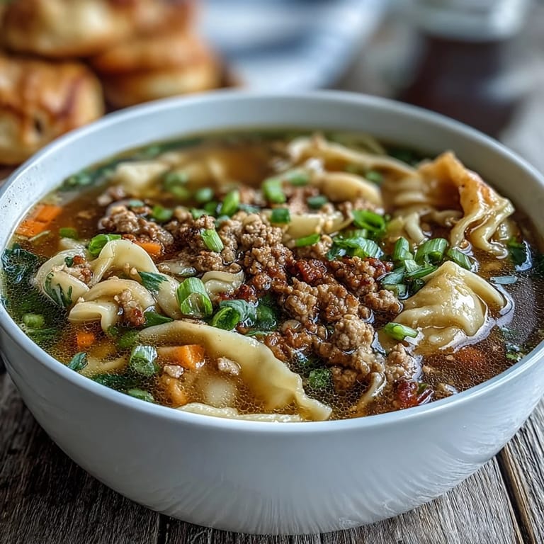 Savory Cozy One-Pot Egg Roll Soup with tender cabbage and carrots, ready to serve alongside crispy wonton strips.