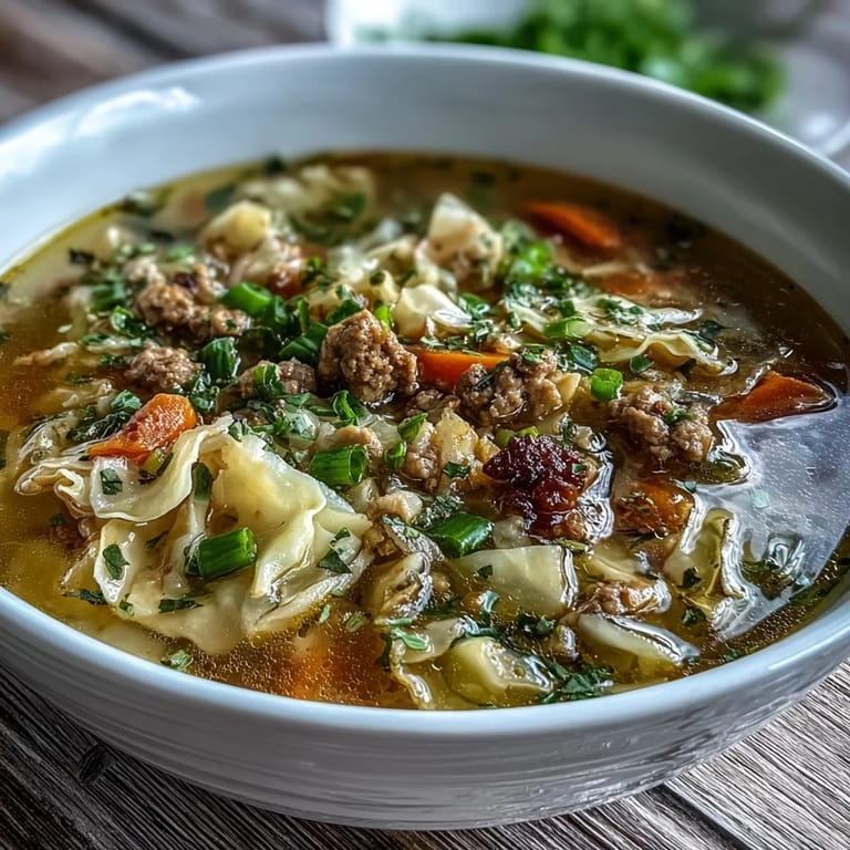 A comforting bowl of Cozy One-Pot Egg Roll Soup garnished with green onions, featuring silky egg ribbons and ginger.